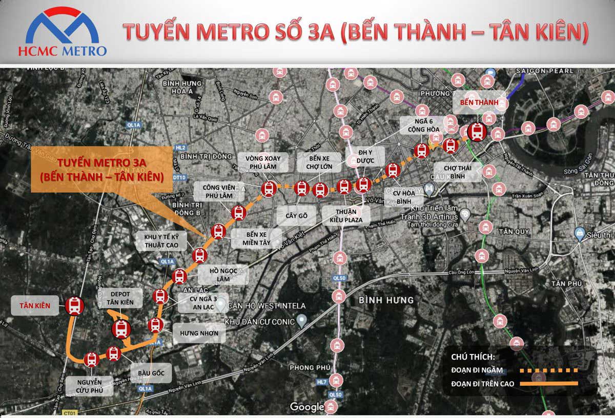 Sơ đồ Tuyến metro số 3A: Bến Thành – Ga Tân Kiên Sơ đồ Tuyến metro số 3A: Bến Thành – Ga Tân Kiên